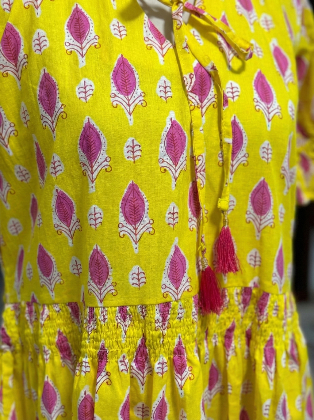 Sunbird Gathered Sleeve Dress – Block Printed Cotton Smock Style