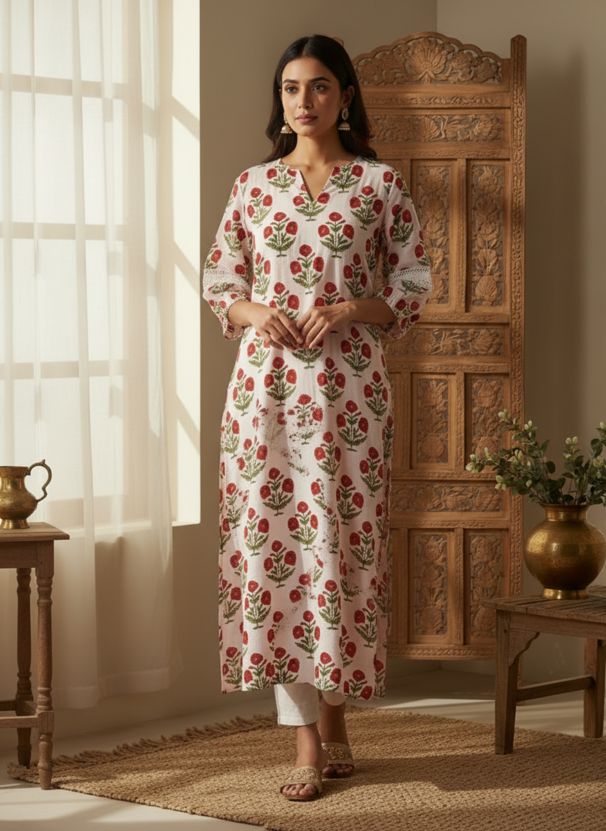Woman wearing a floral dress standing in a room with wooden furniture and decor.