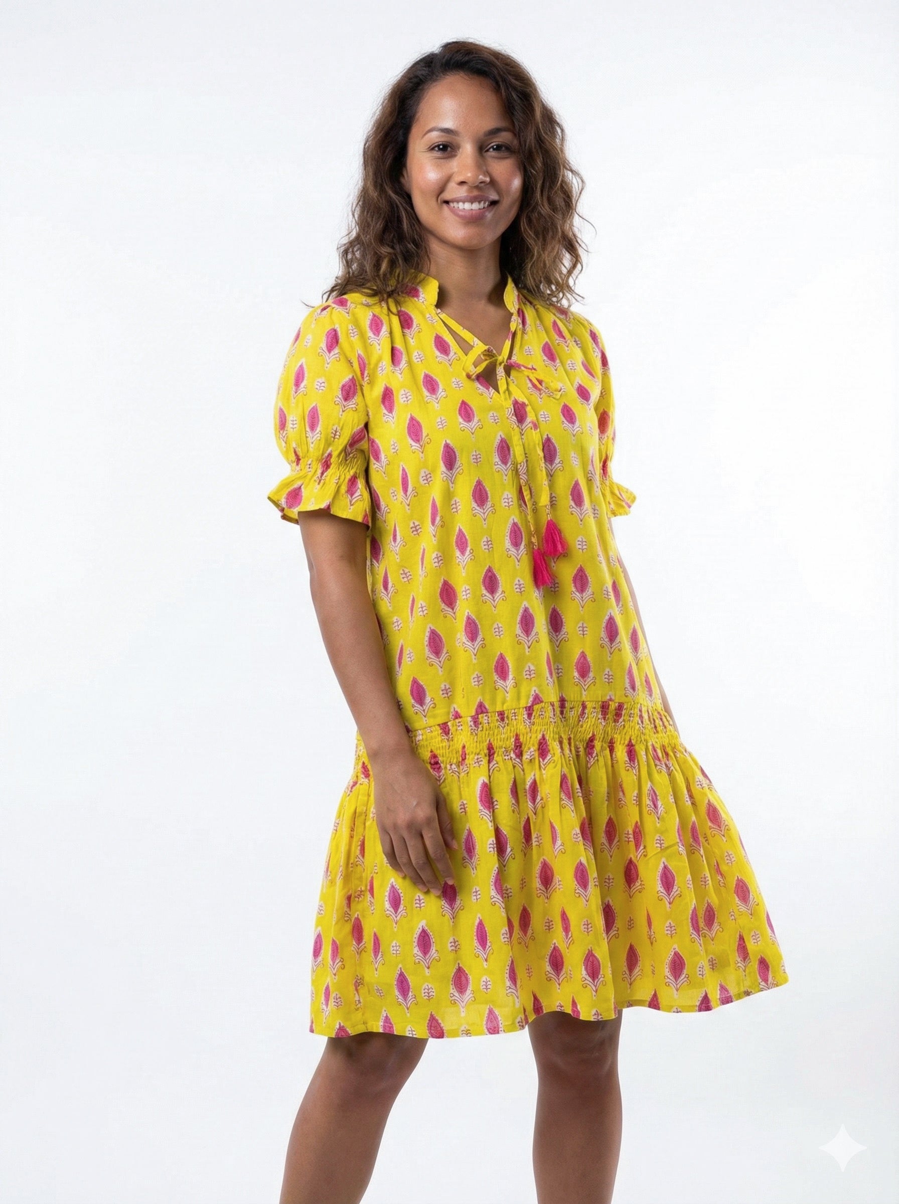 Sunbird Gathered Sleeve Dress – Block Printed Cotton Smock Style