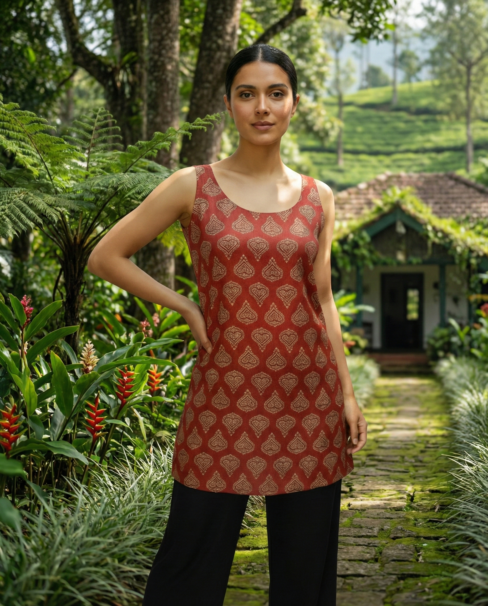 Woman wearing a red patterned top in a lush green outdoor setting