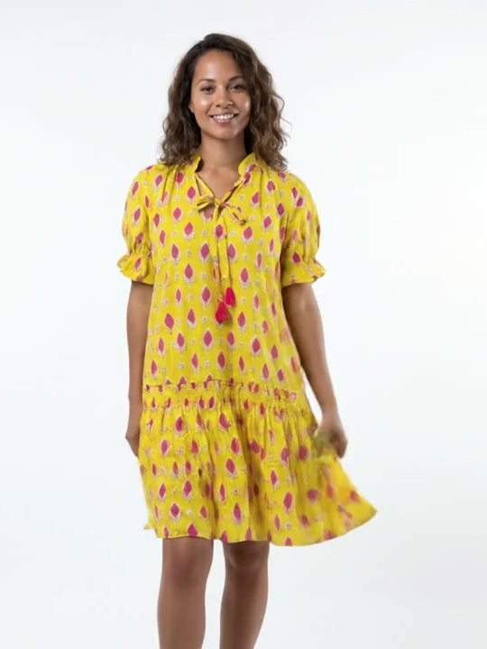 Sunbird Gathered Sleeve Dress – Block Printed Cotton Smock Style