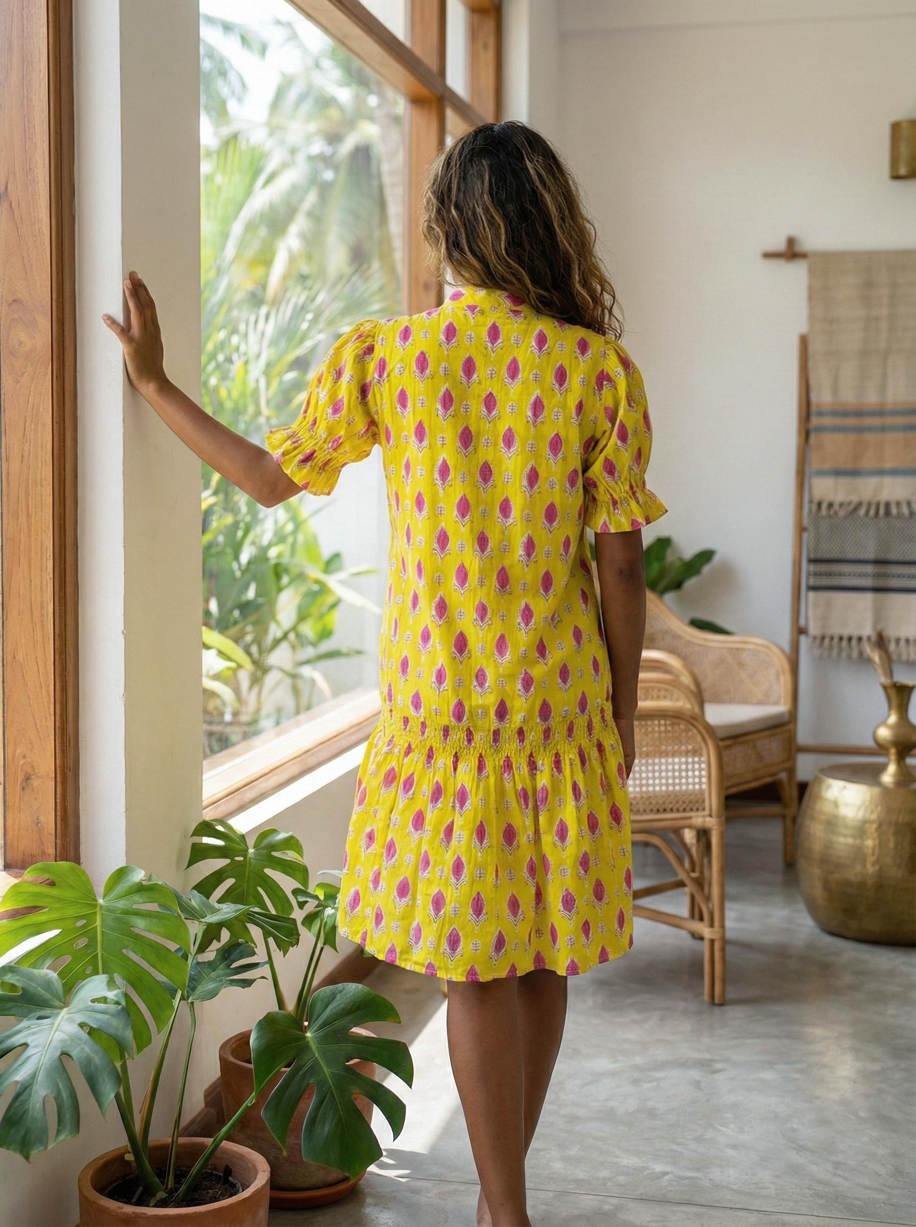 Sunbird Gathered Sleeve Dress – Block Printed Cotton Smock Style