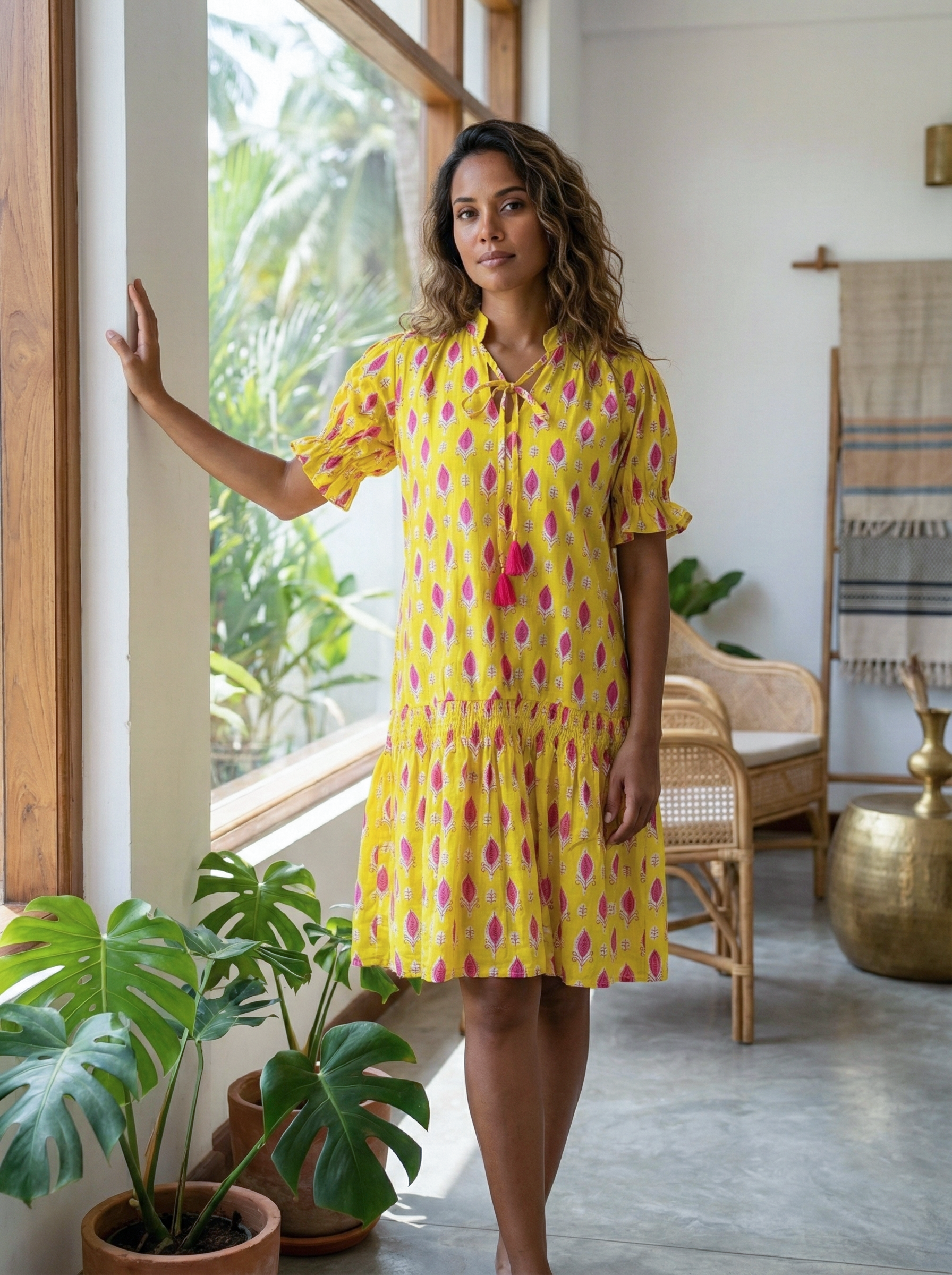 Sunbird Gathered Sleeve Dress – Block Printed Cotton Smock Style